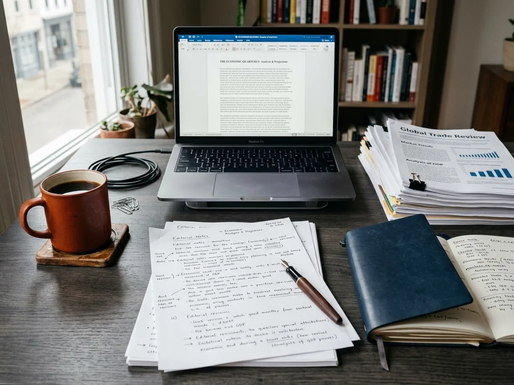 Bureau de rédaction avec notes et ordinateur, évoquant le professionnalisme d'une équipe de presse économique.