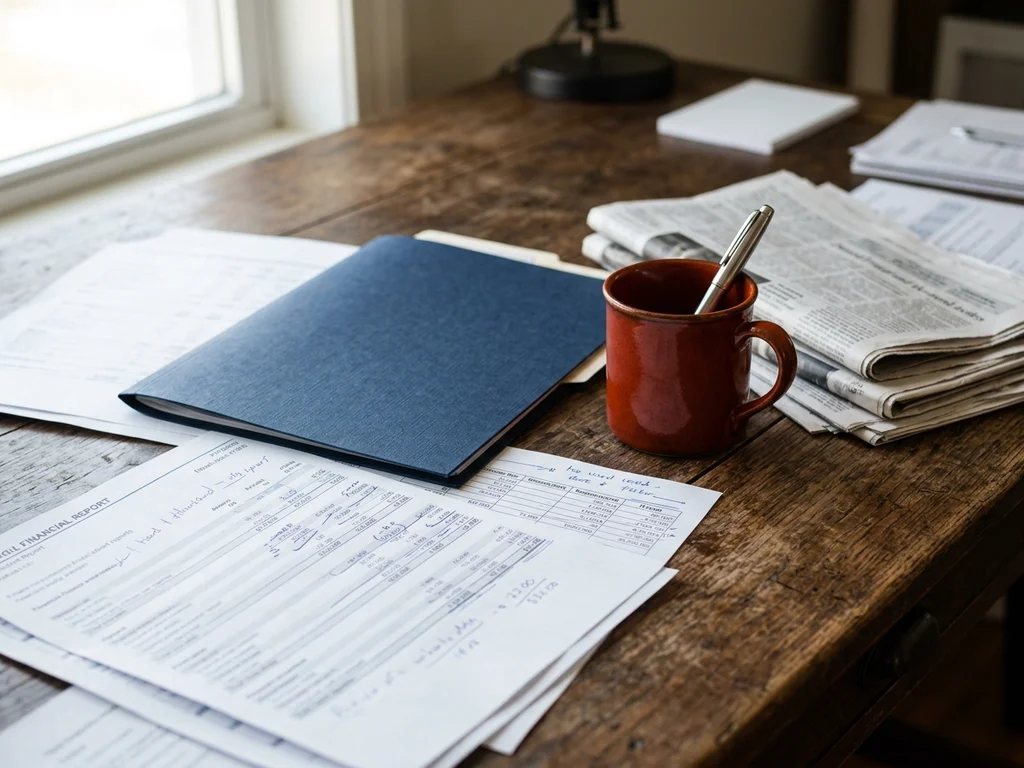 Espace de travail avec rapports économiques annotés et dossiers sur un bureau en chêne.