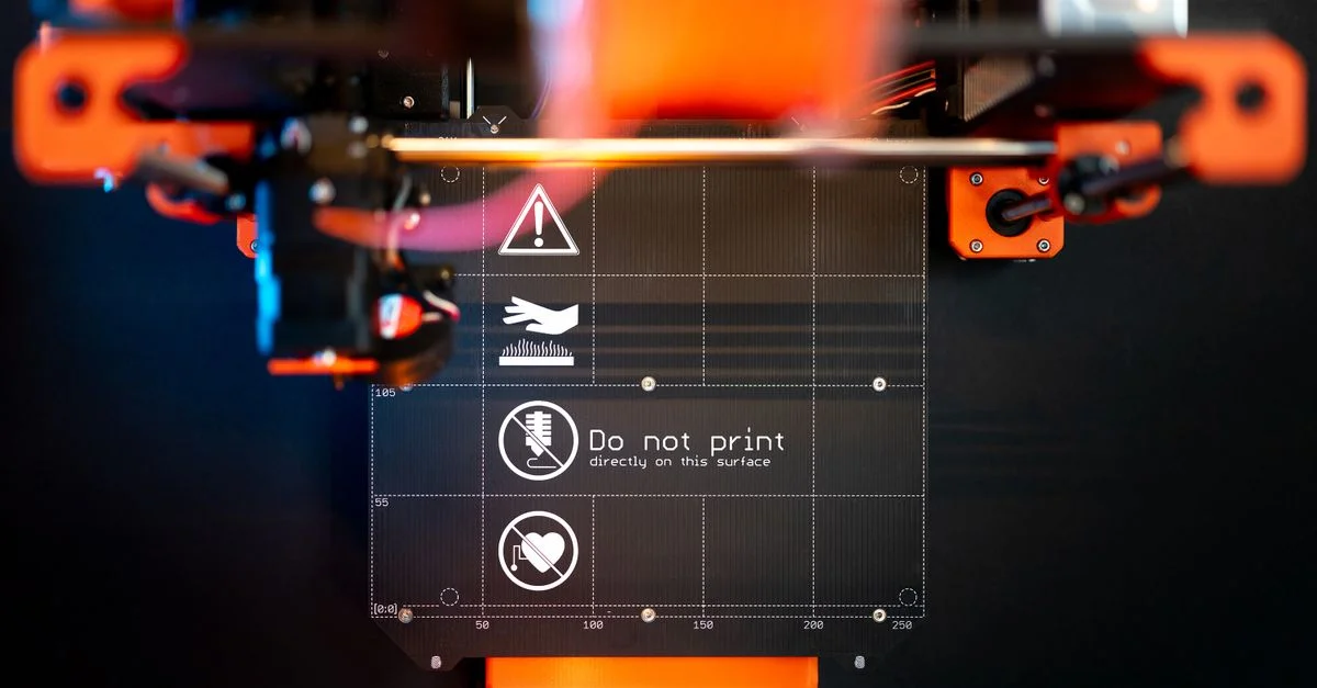 Image détaillée d'une imprimante 3D avec signalisation d'avertissement, présentant une fabrication avancée.